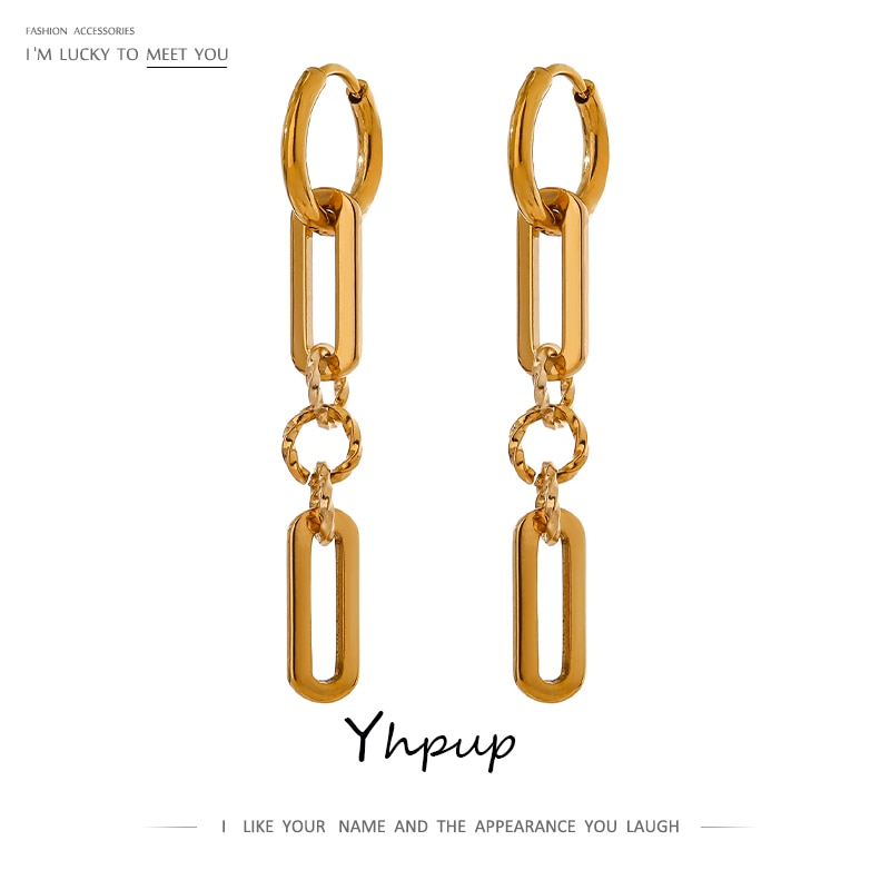 Yhpup Roestvrij Staal Metal Geometrische Bengelen Oorbellen Chic Gold Kleur Textuur Lange Oorbellen Sieraden Anniversary