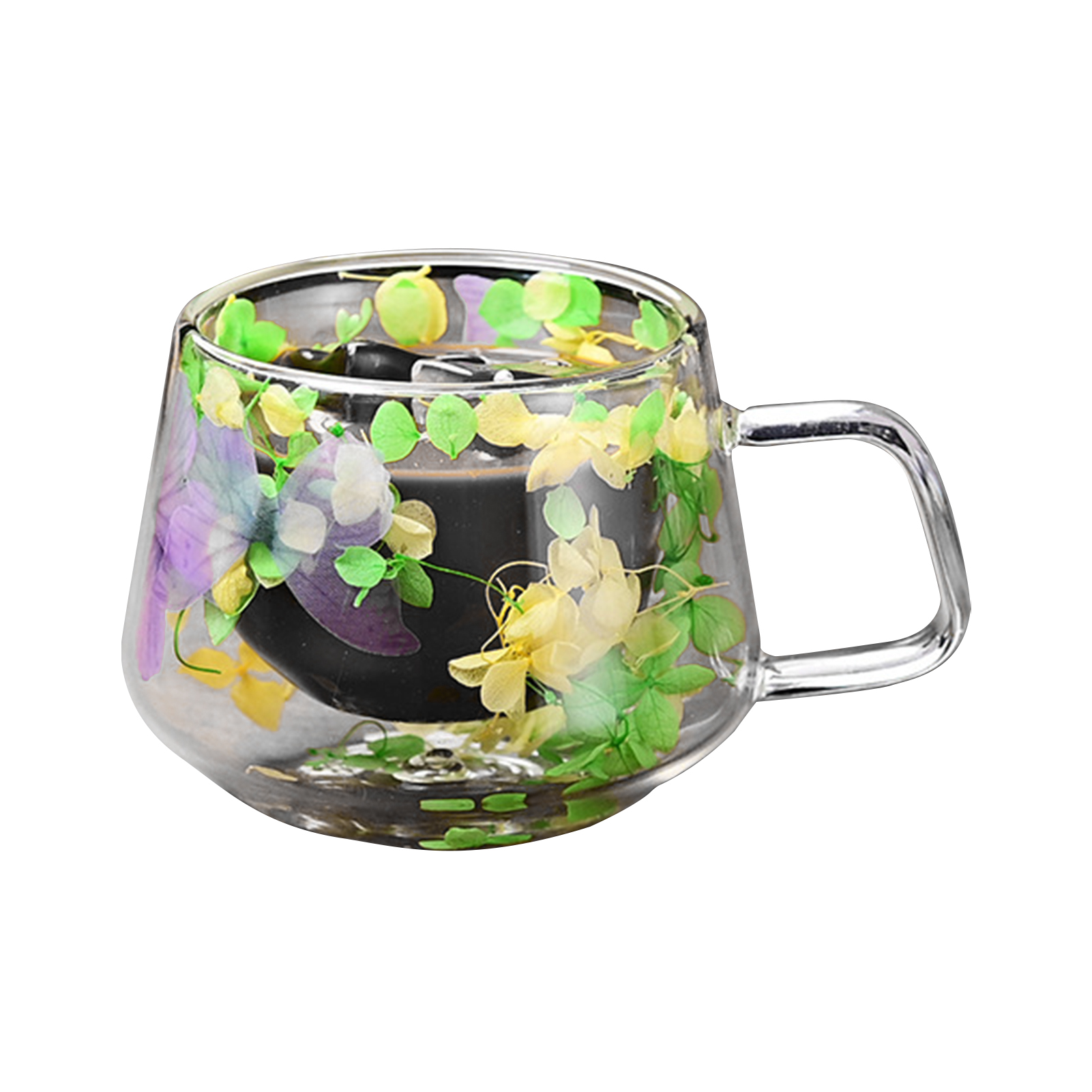 Dubbelwandige glazen koffiemok geïsoleerde bloem glazen espressokopje heldere melkbekers vulling gesimuleerde bloemen theekopje sap waterbeker: Oranje