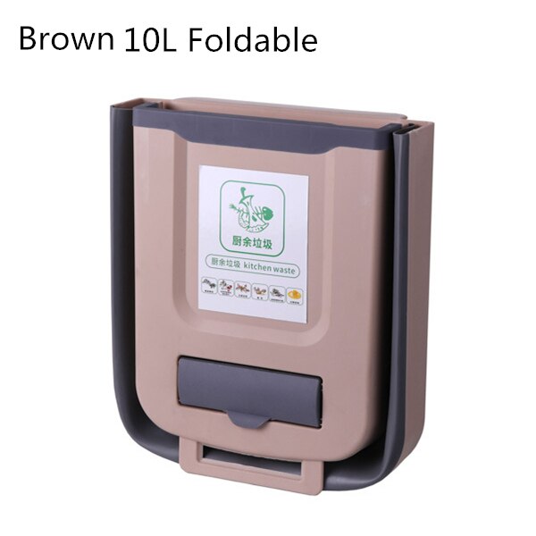 10L Kitchen Foldable Trash Bin Wall Mounted Hanging Trash Bin For Kitchens Cabinet Door With Lid Kitchen Trashs Bin Garbage Cans: 10L Brown