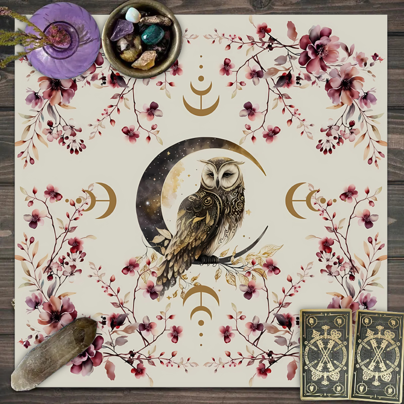 1 mantel de cartas de Tarot, flor, luna, triple luna, decoración de búho, altar, brujería, mantel de astrología: Caqui / 132*178CM