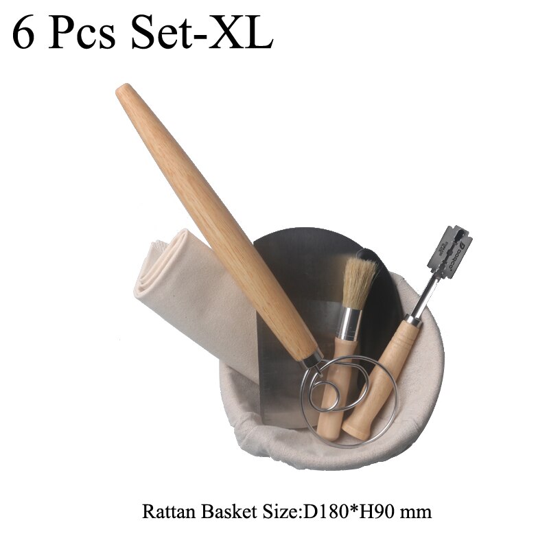 Banneton-herramientas para panadero de pan de campo europeo, cesta redonda de mimbre a prueba de agua, juego de 6 piezas con cepillo delineador, espátula para masa: Round 6pcs Set-XL