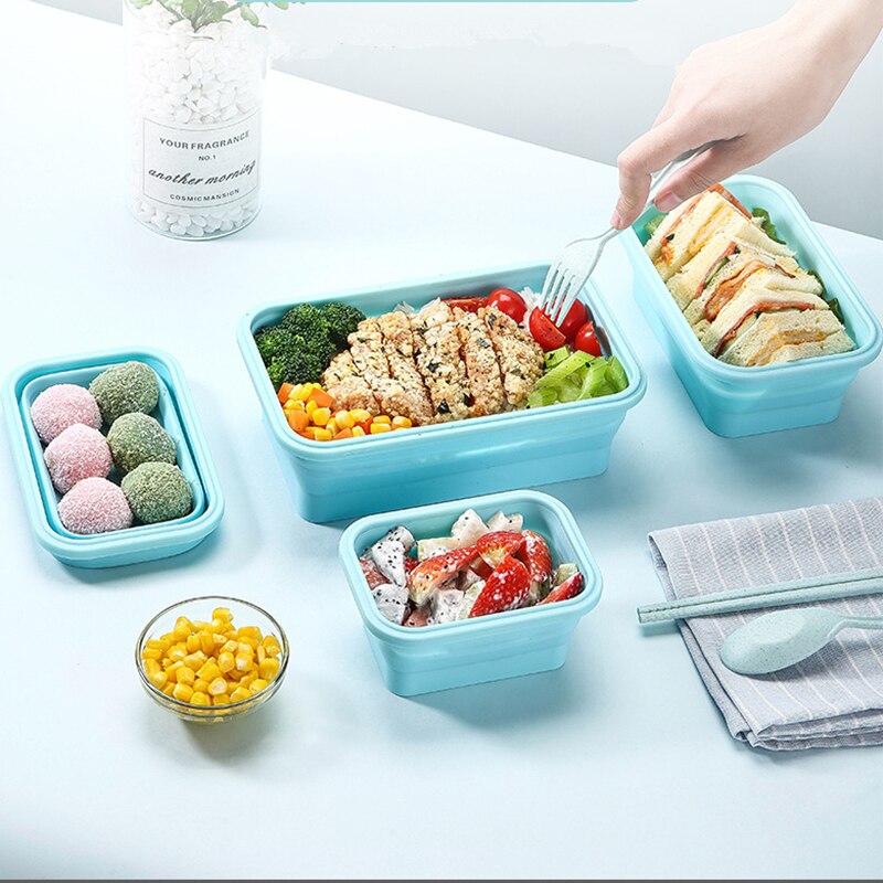 Silicone Collapsible Lunch Box Food Storage Container Bento BPA Free Microwavable Portable Picnic Camping Rectangle Outdoor Box