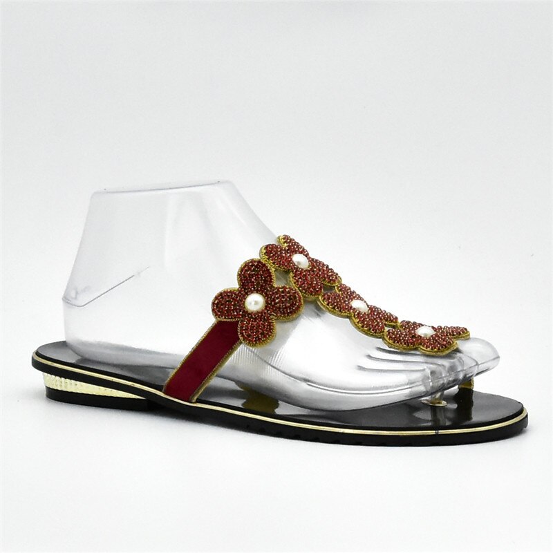 Últimas zapatillas africanas con diamantes de imitación para mujer, Zapatos de italiano para mujer, Zapatos de tacón bajo para mujer, Zapatos Africanos, calzado nigeriano: Rojo / 10