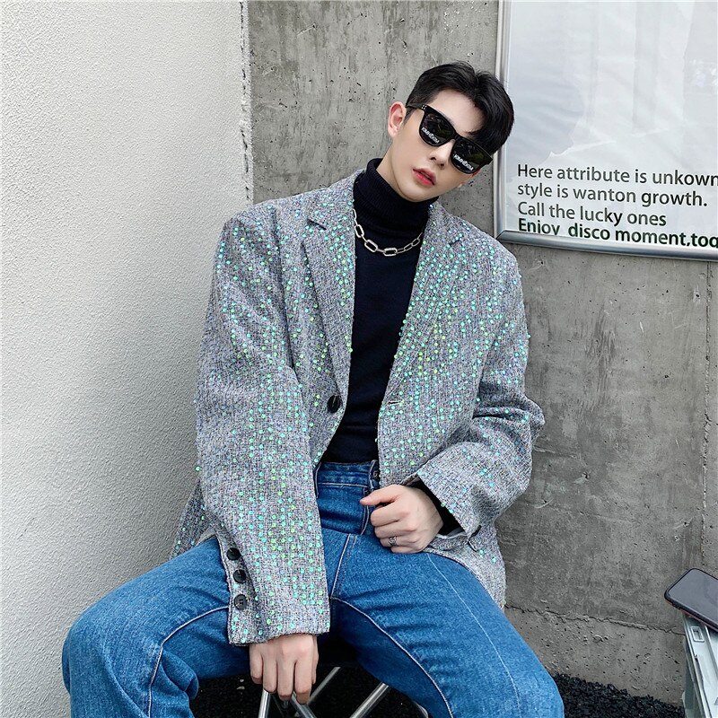 Mænd broderi pailletter scene show løs afslappet jakkesæt blazere frakke overtøj mandlige streetwear vintage dragt jakke overfrakke