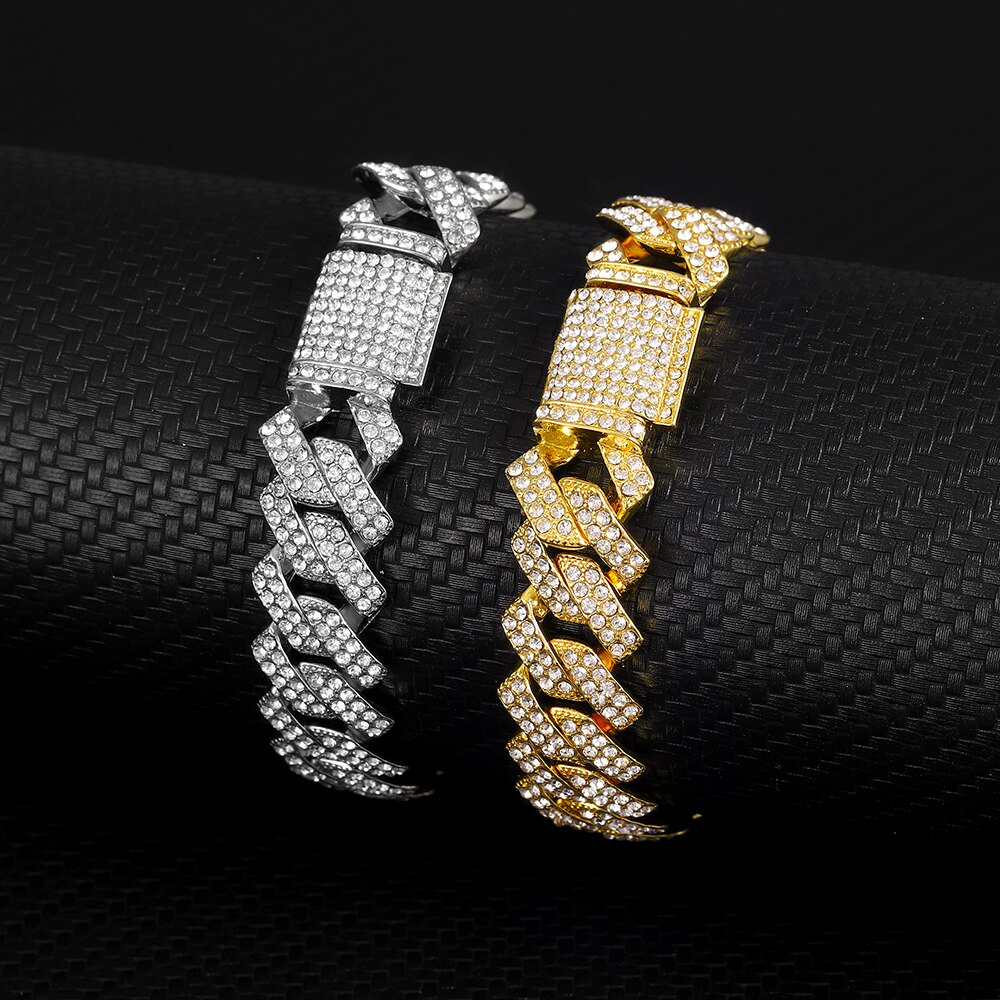 Iced Out Cubaanse Ketting Armband Hip Hop Sieraden Gouden Ketting Silver Rhinestone Cz Sluiting Voor Mens Rapper Bedelarmband Vrouwen links