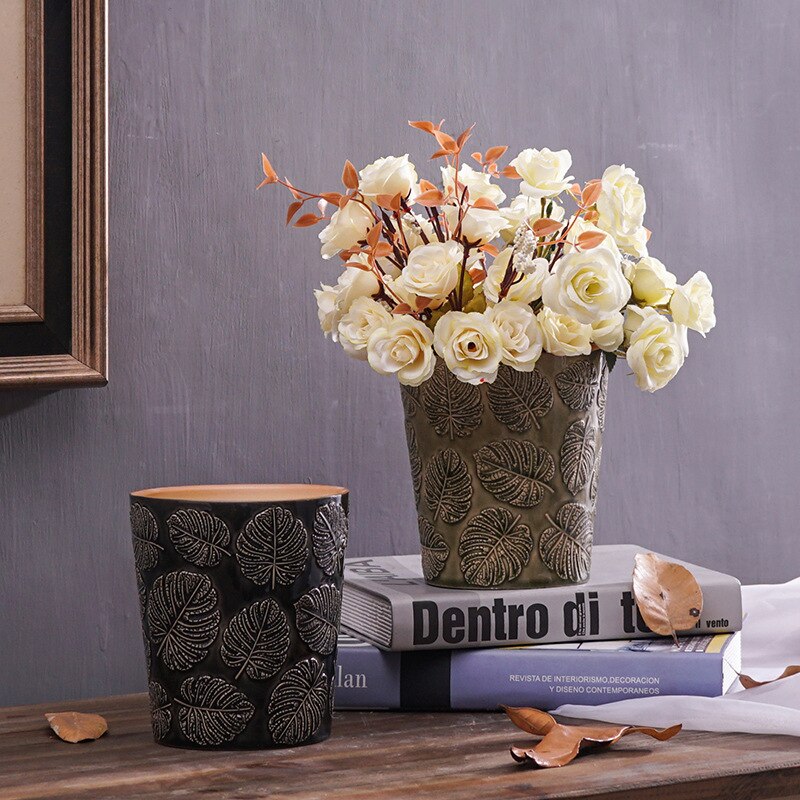 Japanese Style Ceramic Flower Pot Leaf Pattern Vase Dandelion Pattern Vase Simple Style Home Desktop Decor Garden Decoration