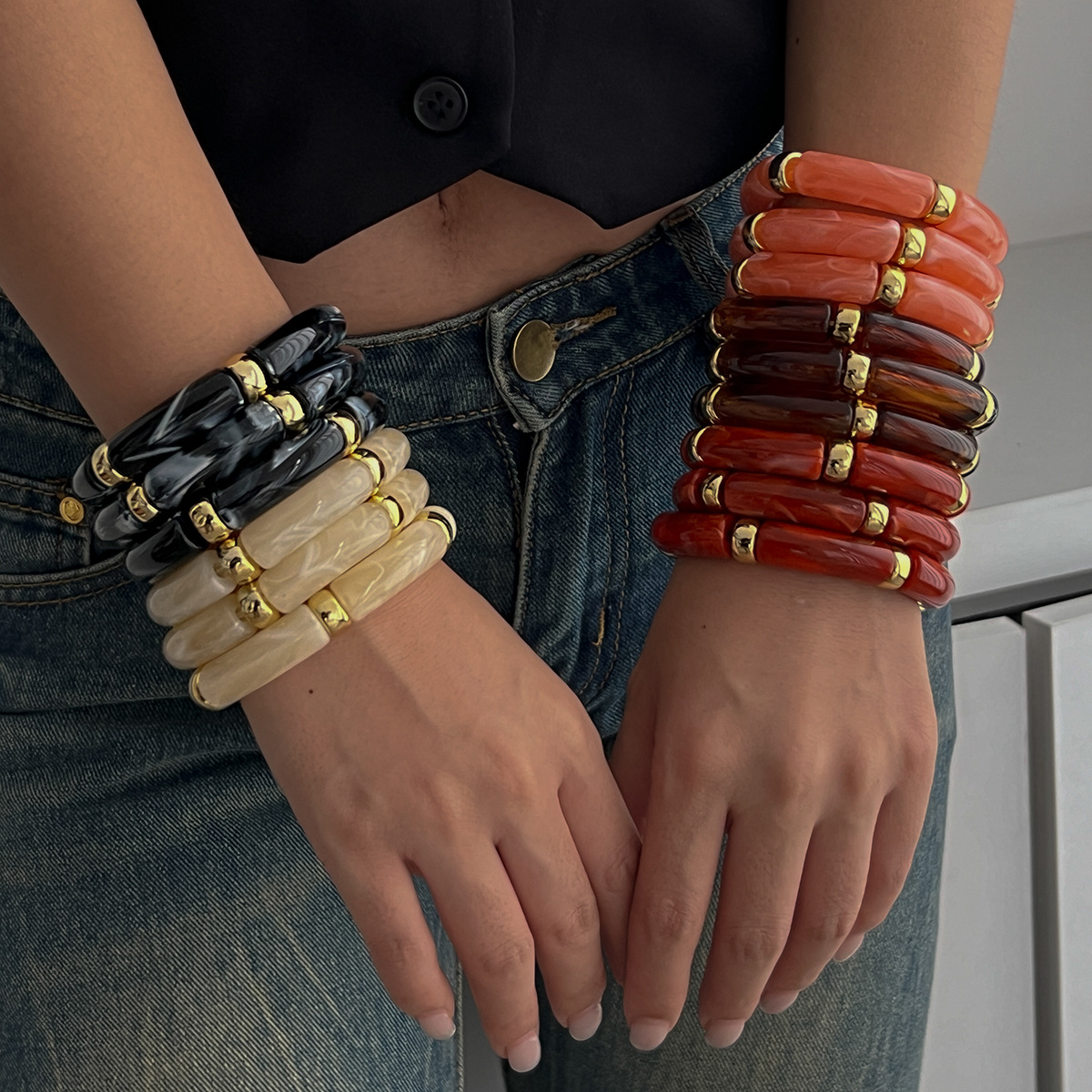 KMVEXO Vintage Acrylic Bamboo Beads Bracelet for Women Multi Color Stretchy Resin Girls Charm Couple Bangles Men Jewelry