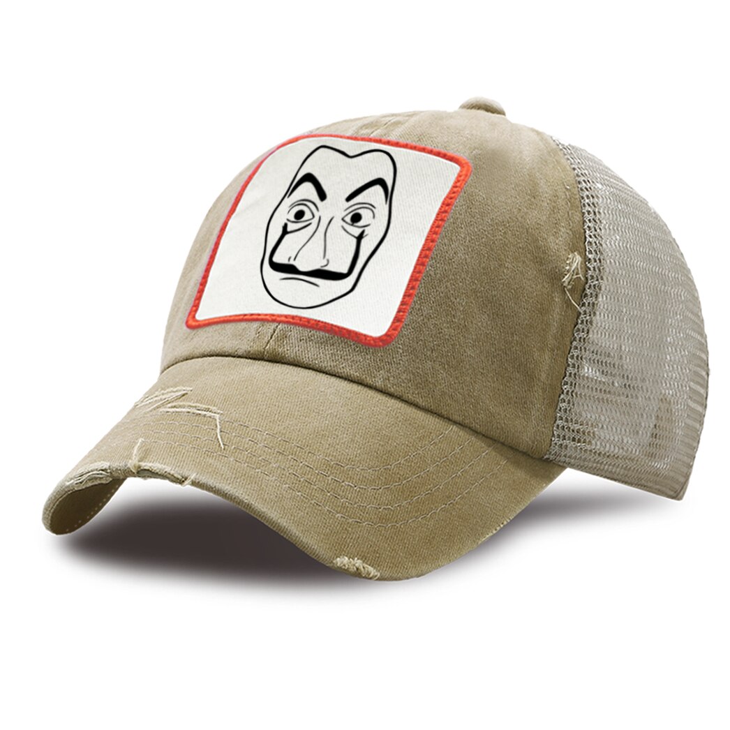 La casa de papel harajuku mesh trucker hat sommer unisex ridehue åndbar afslappet baseball caps udendørs street snapback hat: Khaki 1