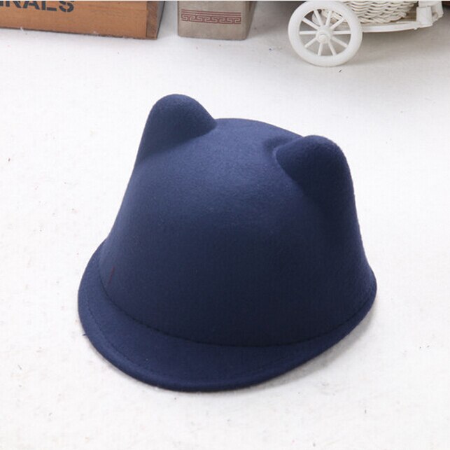 Gorro redondo cálido de lana con orejas de gato para niña y mujer, gorro de lana con orejas de gato, sombrero de Diablo, sombrero de fieltro Retro, Derby Bowler Horse, sombreros de ,: navy blue