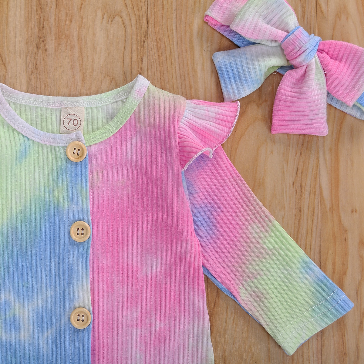 Mise au point 0-18M automne bébé filles garçons cravate-teinture barboteuses 2 couleurs à manches longues simple boutonnage combinaisons bandeau