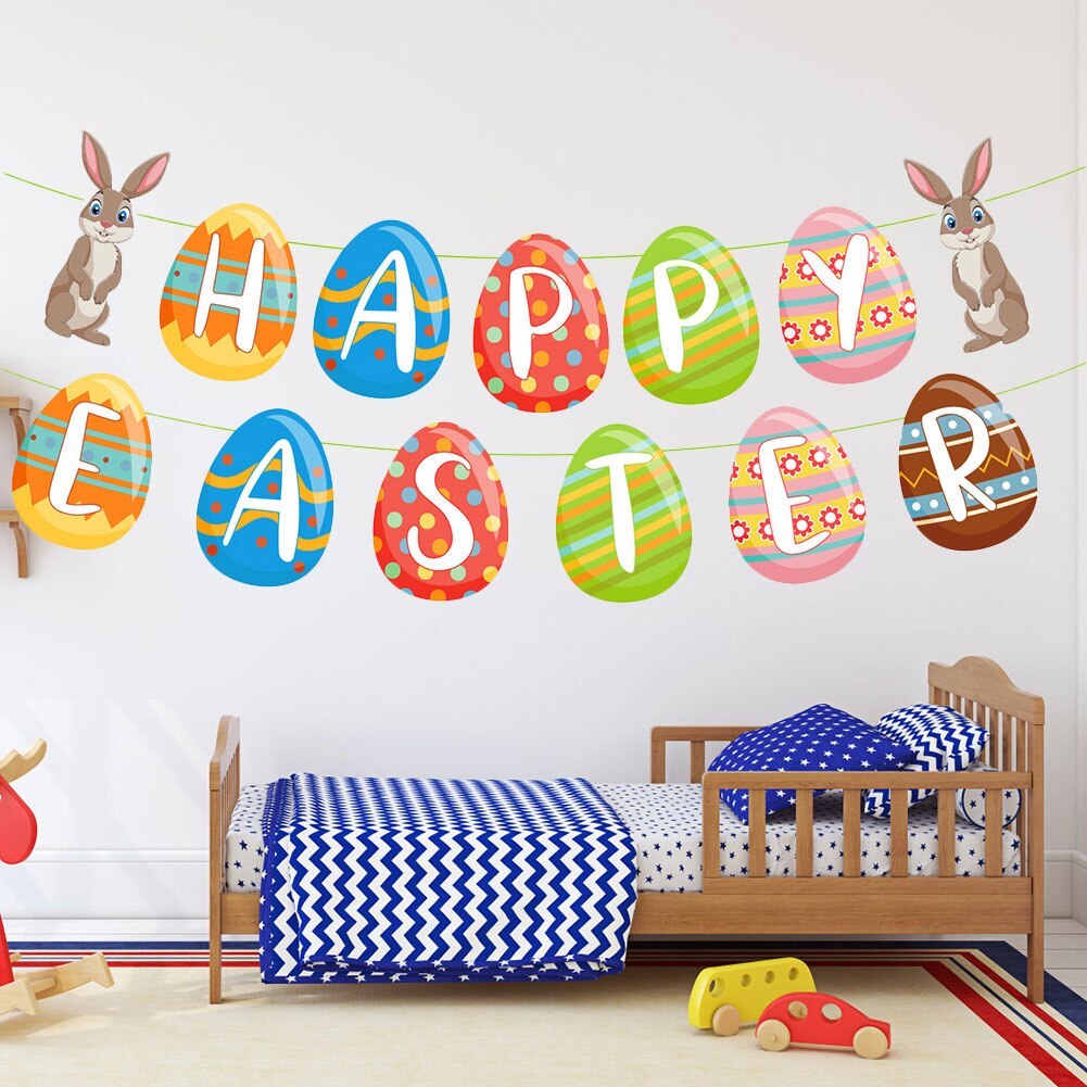 Happy Easter Banner DIY Cute Bunny Festival Party Hanging Decorations Rabbit Prop Ornaments for Family Gathering Decor