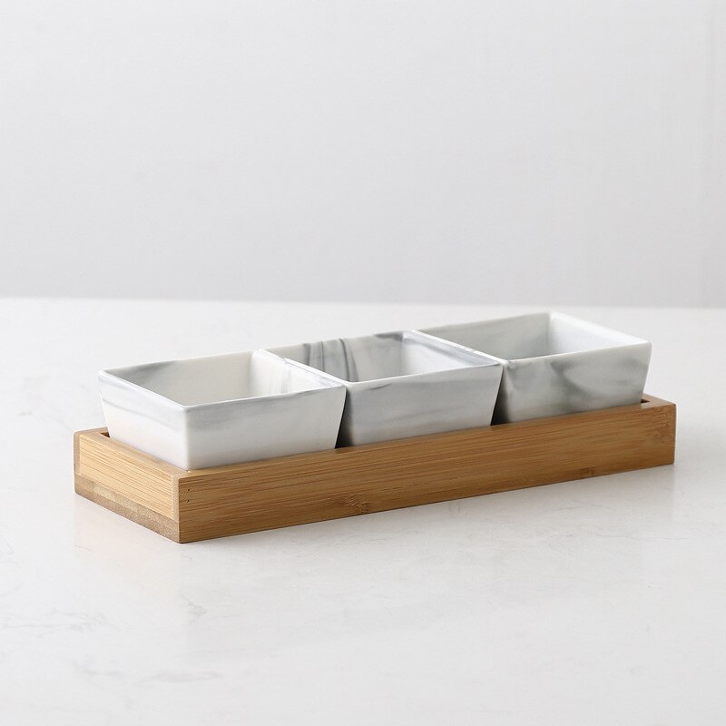 Marmor fruktfat keramik fat tallrik porslin snacks godis nötter desserter eko naturlig serverings bambu bricka set salladsskål: 3 rutnät grå