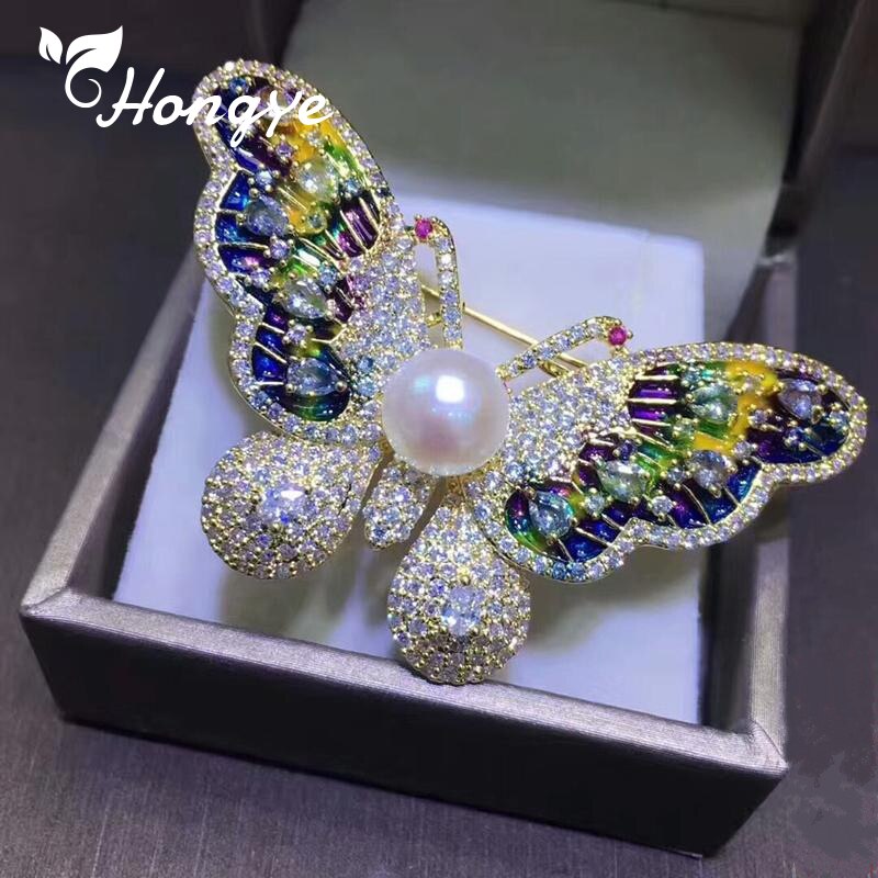 De Lujo hermosa de mariposa broches alfileres de señora hermosa Pin perlas de agua dulce, joyería de boda broche ramo joyas de oro