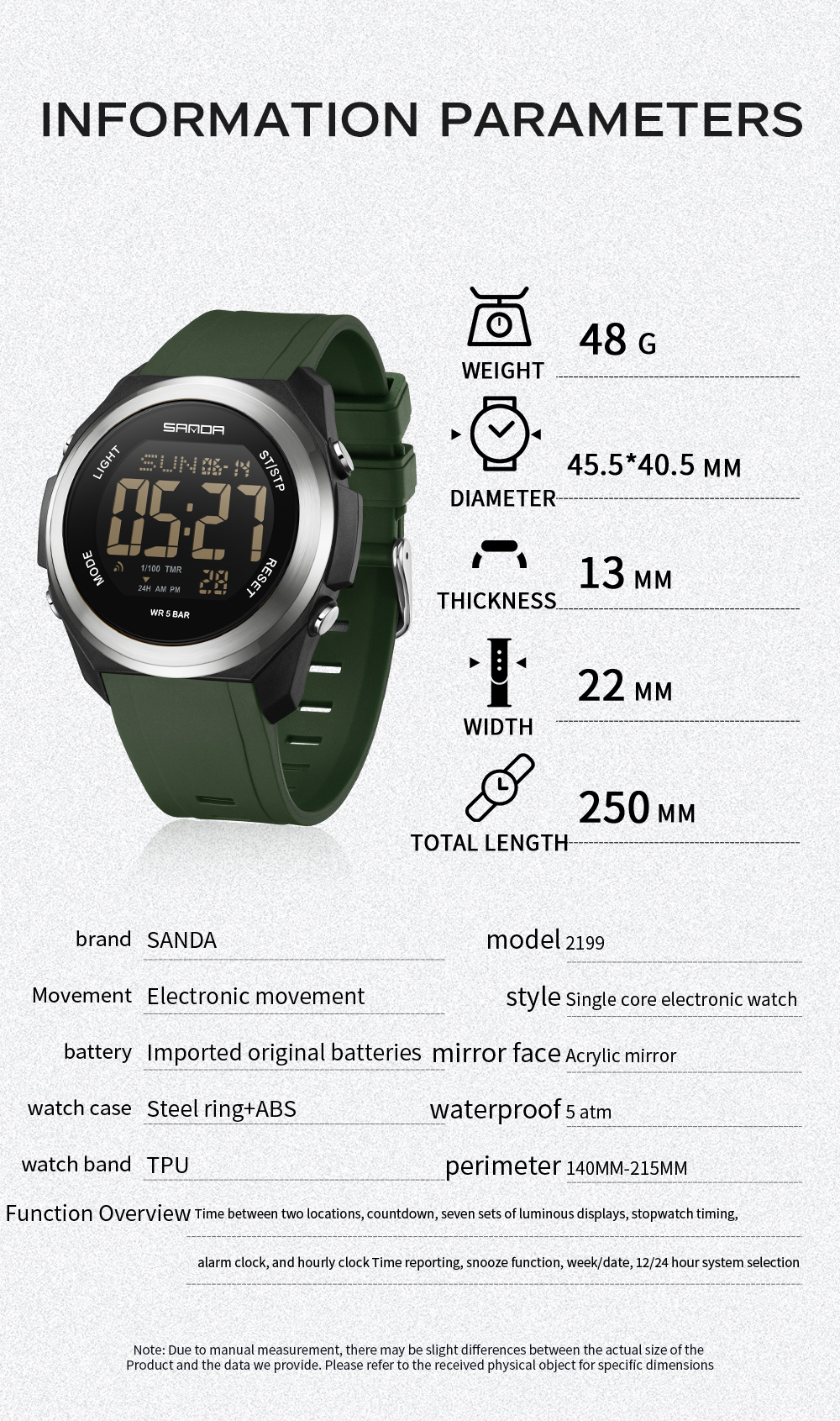 Sanda 2199 new sports watch with waterproof timing and multiple luminous electronic clocks, alarm clock reminder, men's watches