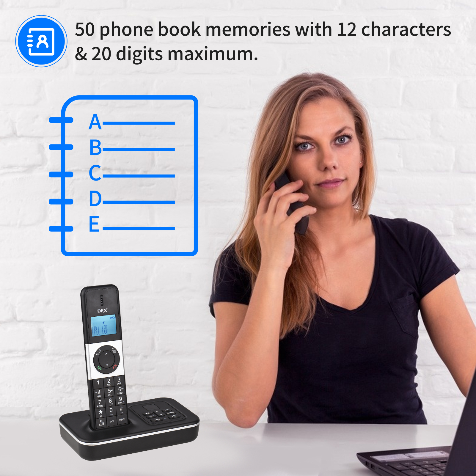 TAM-D D1002-teléfono inalámbrico con 2 dispositivos, dispositivo con respuesta automática, identificador de llamadas, espera de llamadas, pantalla LCD de 1,6 pulgadas, compatible con 16 idiomas