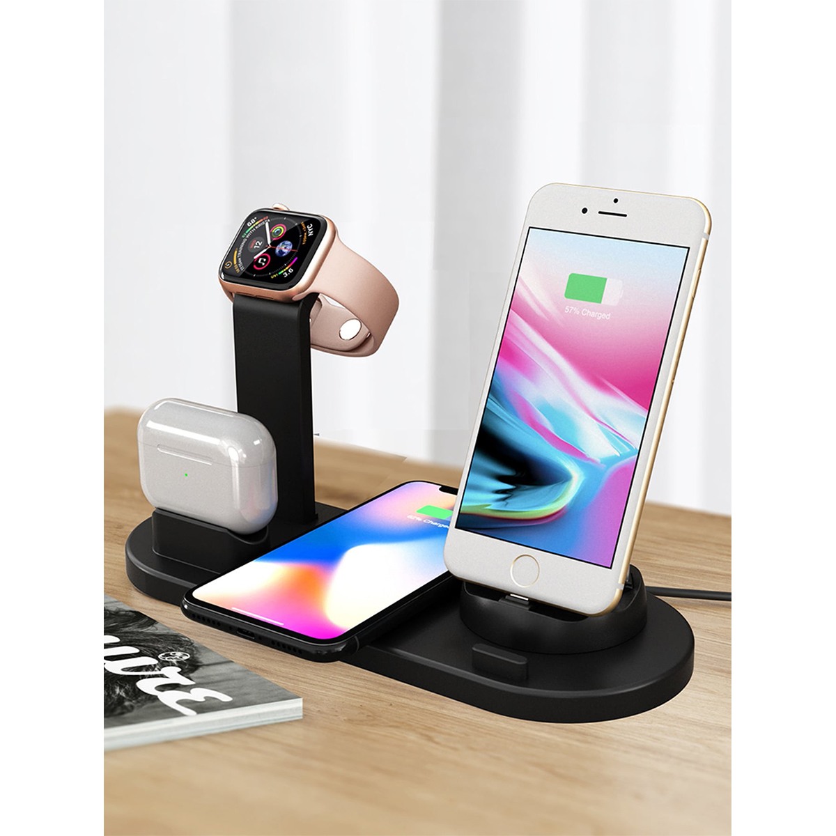 5 in 1 draadloze oplader stand pad voor iPhone 16 15 14 13 12 X Apple Watch Airpods bureautelefoon opladers snel opladen dockstation: Black
