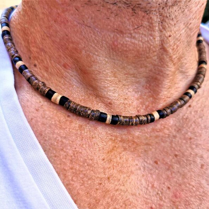 Collar africano para hombre, collar con cuentas, difusor de piedra de lava, surfista, collar de Coco para hombre: AS1