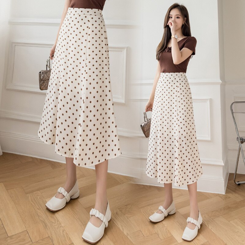 Falda larga con estampado de lunares para mujer, falda larga informal de cintura alta, coreana, para primavera y verano,