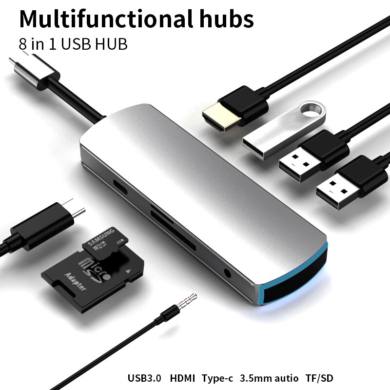 8 em 1 usb hub 8 portas usb 3.0 hdmi carregador rápido tipo adaptador c cubos para tablet portátil do telefone móvel divisor