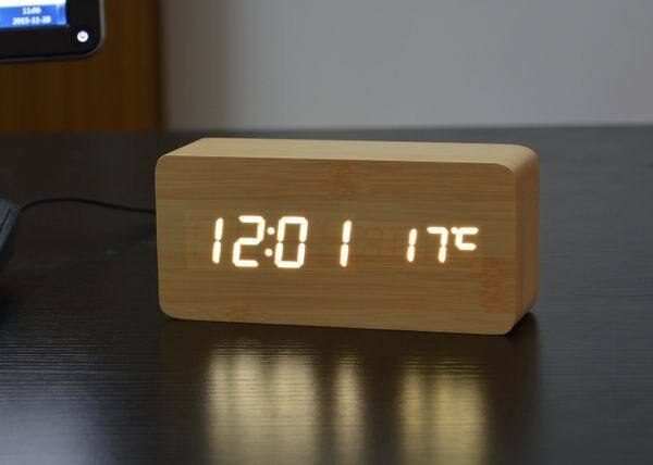 Houten houten klok, digitale klok, elektronische klok en kosten multi-color FiBiSonic wekker met thermometer: bamboo white