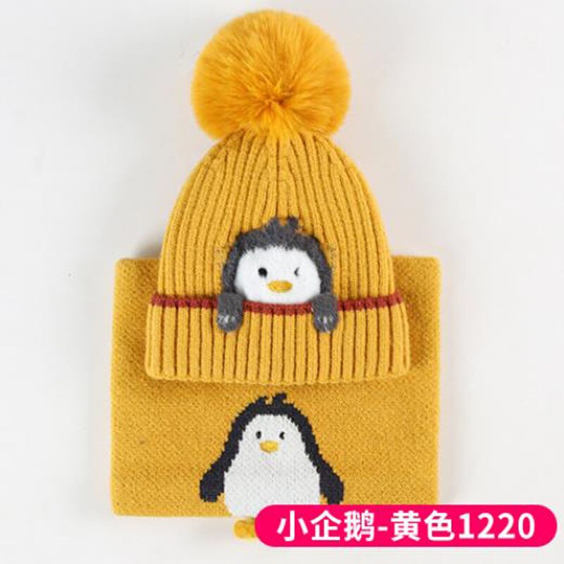 Doitbest 1 to 4 Years old baby kids Beanie sets Cute penguin 2 pcs boys girls winter villus hat scarf set