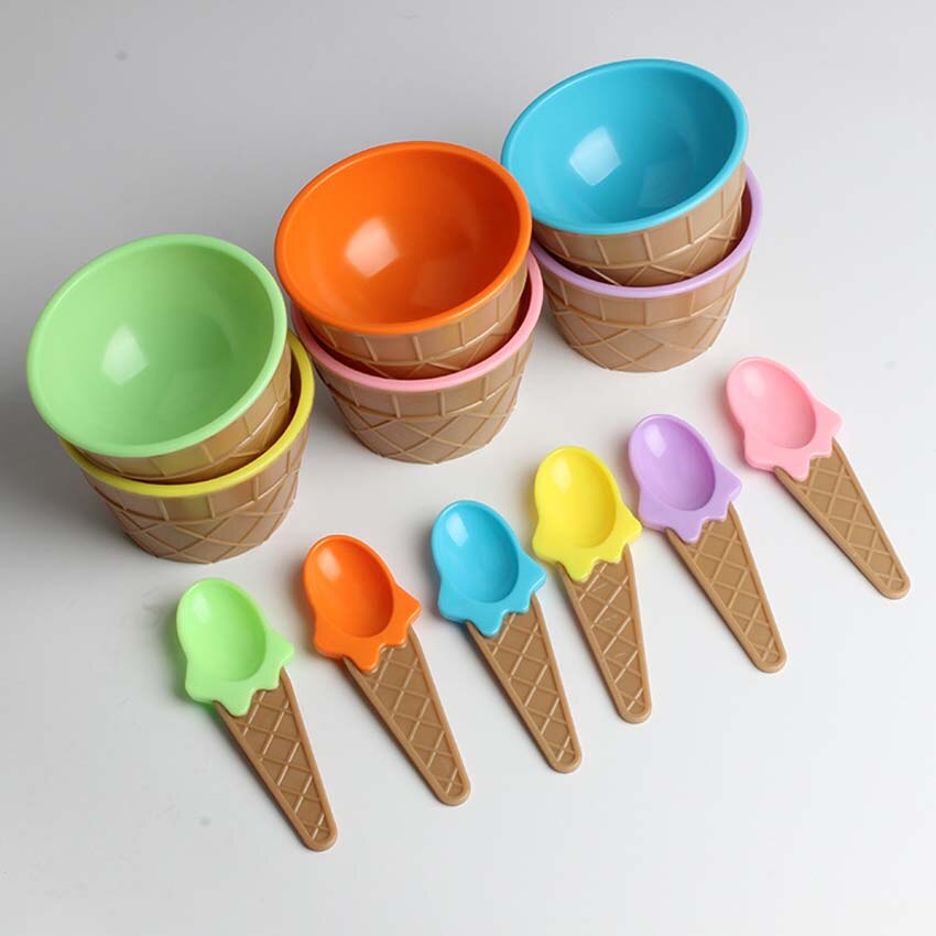 Cuencos de plástico para helado para niños, juego de cucharas, taza para helado duradera para niños, para parejas, cuenco de postre encantador