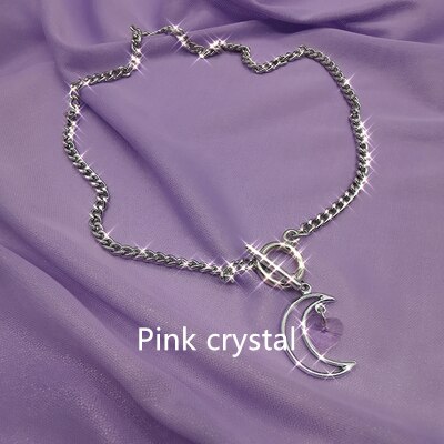 Huanzhi fe gennemsigtig lilla kærlighedshjerte hul måne krystal kravebenskæde eller spænde halskæde til kvinder piger: 3 lyserøde krystaller