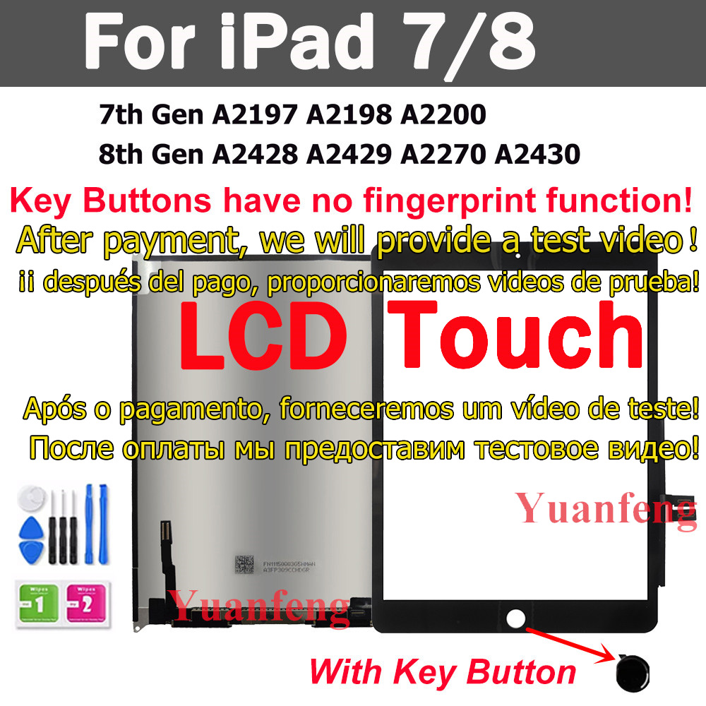 10.2 "LCD + Touchscreen Voor iPad 10.2 7e Gen A2197 A2198 A2200/8th A2270 A2430/9th A2602 A2605 LCD-scherm: GRIJS