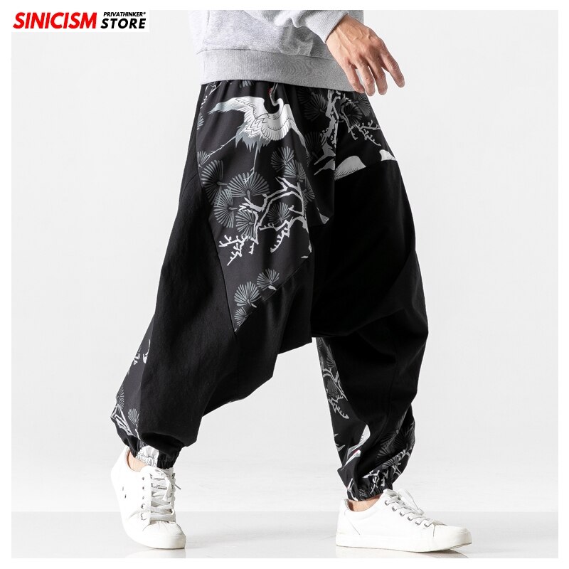 MrGoldenBowl Store-pantalones bombachos holgados para hombre, ropa tradicional informal, de algodón con estampado de grulla, a la , otoño, 2022