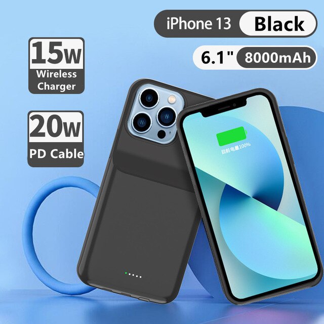 Power Bank Charging Cover For iPhone 13 Mini 13 Pro Max Battery Case Qi Wireless Fast Battery Charger Cases For iPhone 13 Pro: Black For iPhone 13