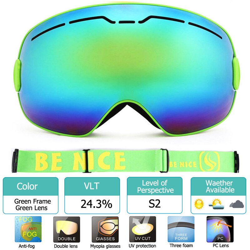 Uv400 anti-condens skibrillen met dubbele laag, grote lenzen, skibrillen met grote frame, sneeuwbrillen voor mannen, snowboardbrillen met spiegelcoating: Groente