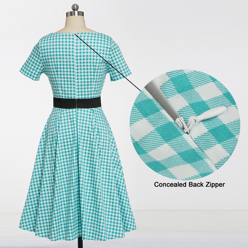 Tonval turquesa Gingham volante escote corazón Vintage vestido mujeres botones manga corta Rockabilly Plaid Midi vestidos