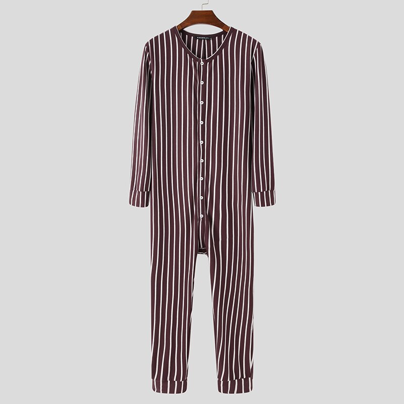 Incerun Mannen Gestreepte Pyjama Jumpsuits Lange Mouwen Button Up Leisure Homewear Rompertjes Cozy O Hals Heren Nachtkleding Overalls S-5XL: Claret / 4XL