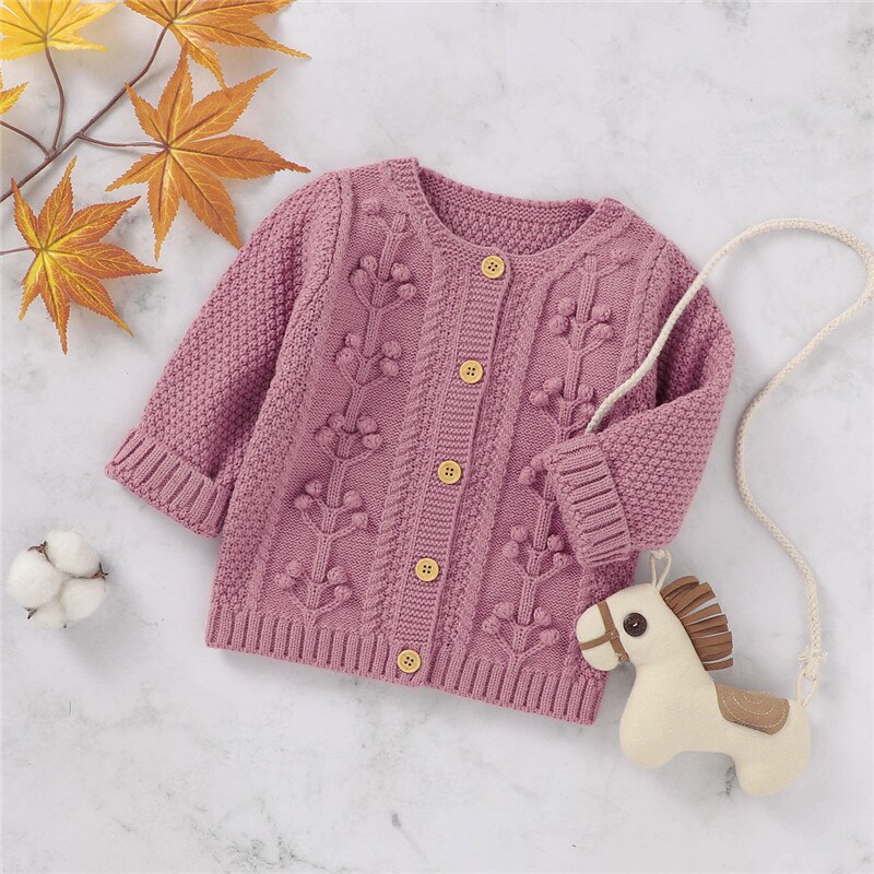 Baby Knitting Sweater Round Neck Long-Sleeve Casual Flower Buttons Girl Autumn Knittwear Top