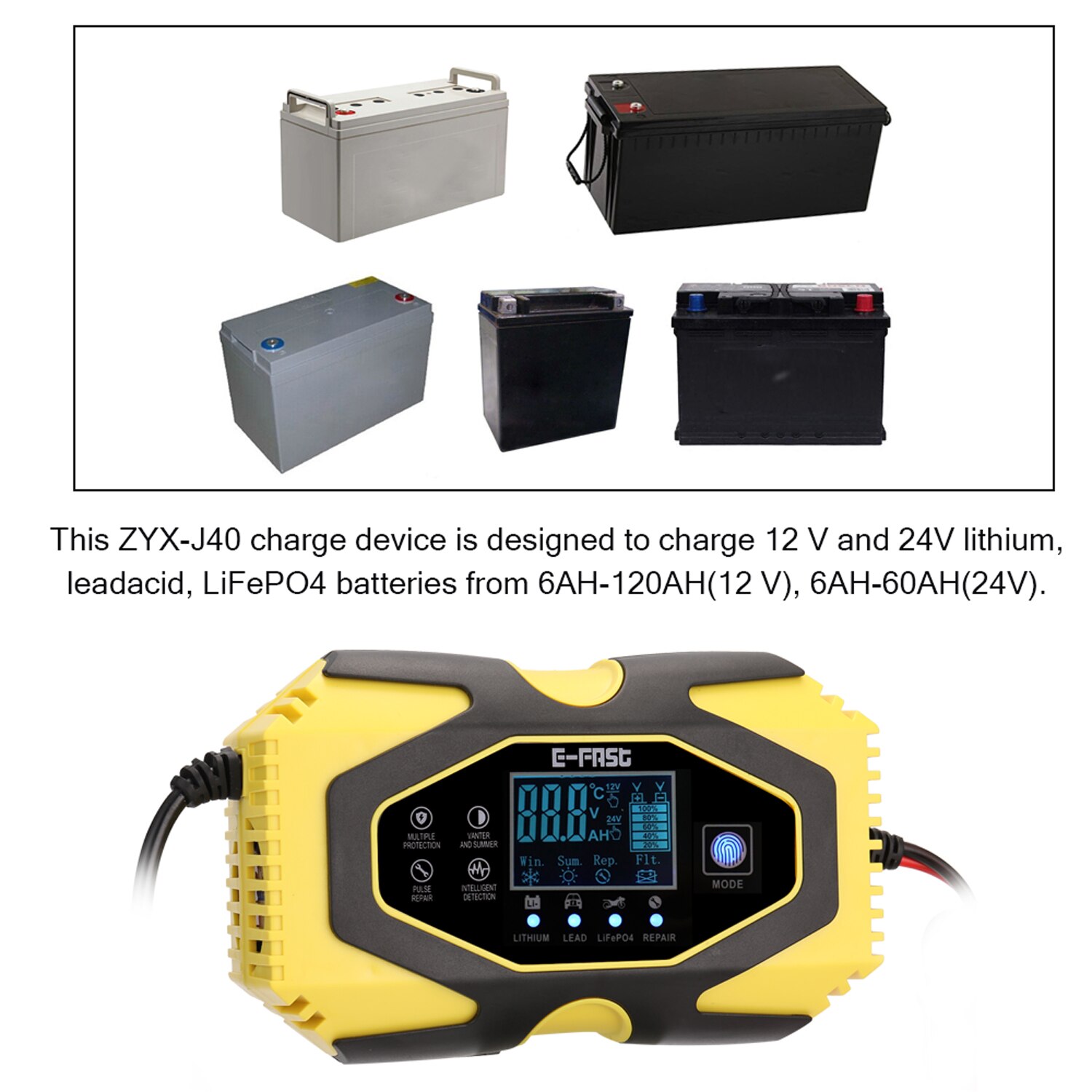 12V6A-24V3A Automatic Pulse Repairing Battery Charge Device for Lithium Leadacid LiFePO4 Batteries Digital LCD Display