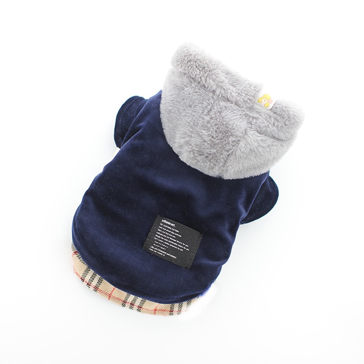 Ropa de perro de dos pies de color rojo y azul con sombrero otoño e invierno, gorro de terciopelo para cachorros, abrigos acolchados de algodón para Perros, peros Acesorios