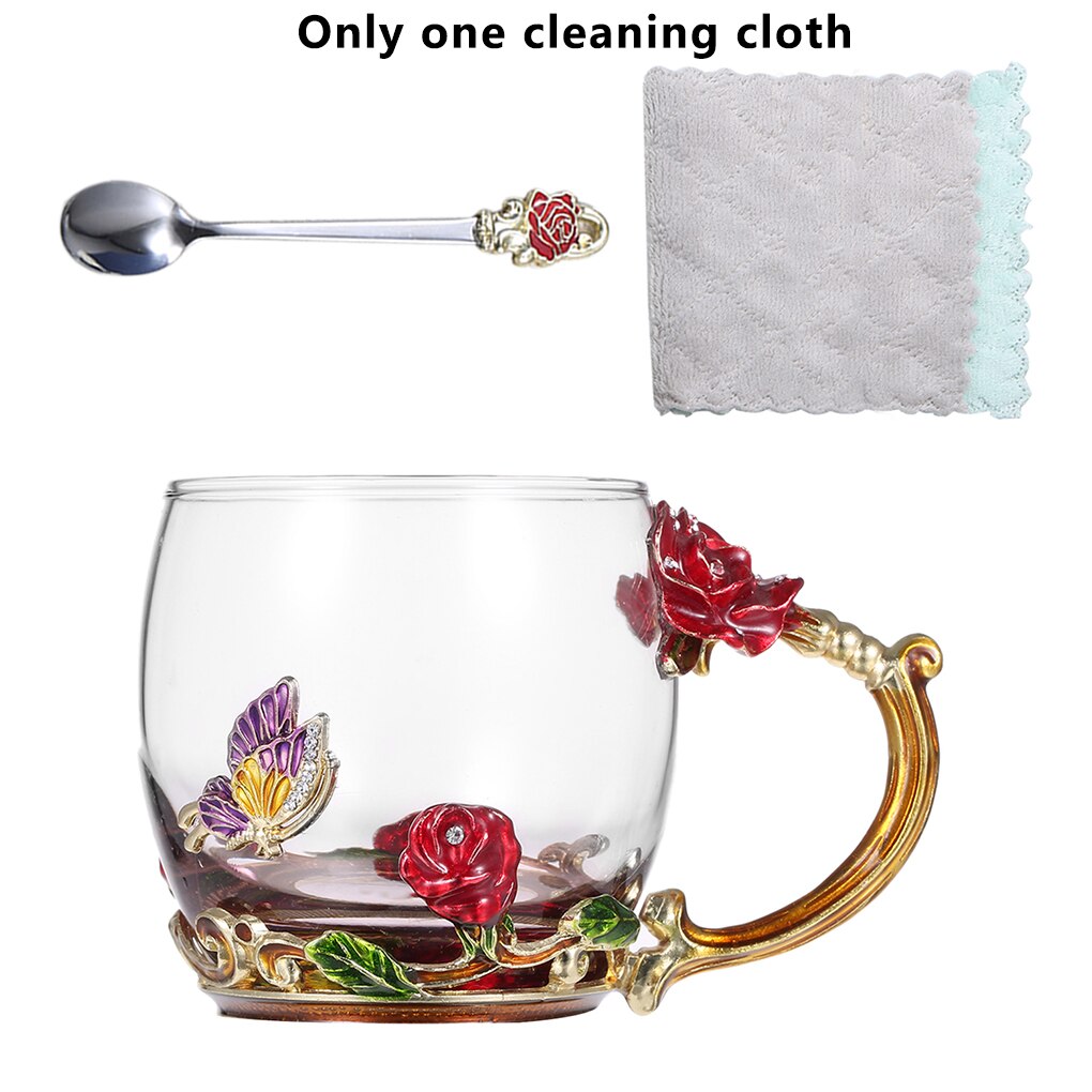 FenKicyen Enamel Glass Cup Red Blue Rose Flower Coffee Cup Wine Cocktail Glasses Tea Mug With Spoon For Lover 320-350ml 1pc: Red Rose-320ml