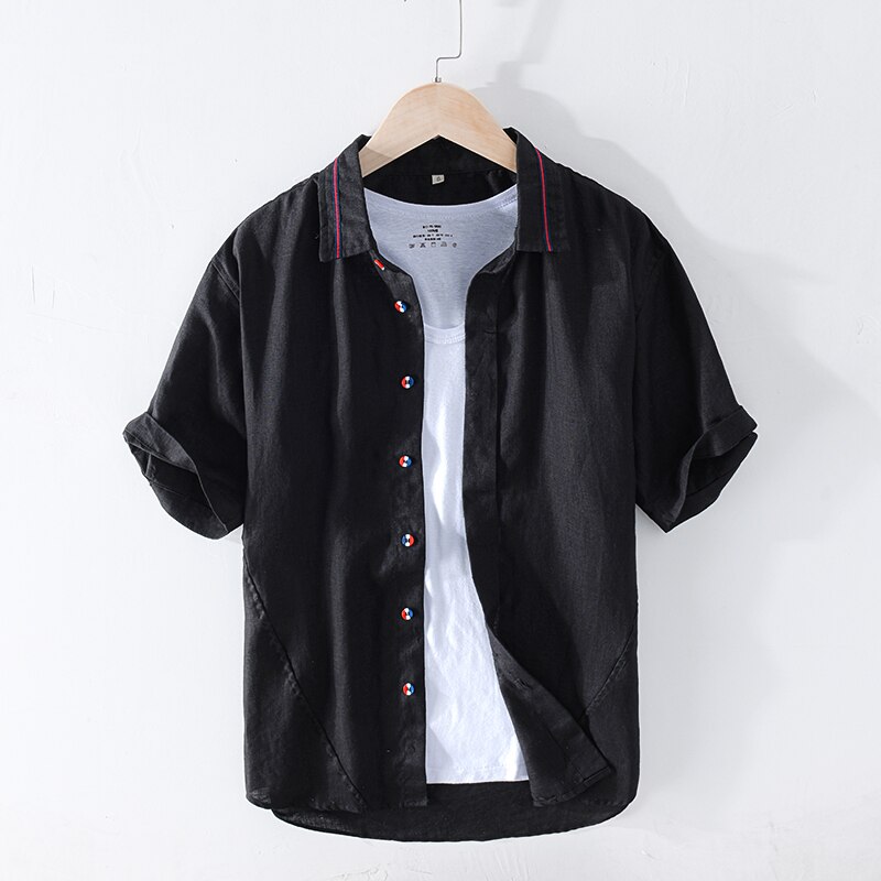 Linned sommer stribede skjorter til mænd kortærmede patchwork skjorte mænd afslappet turn-down krave toppe tøj: Sort / S