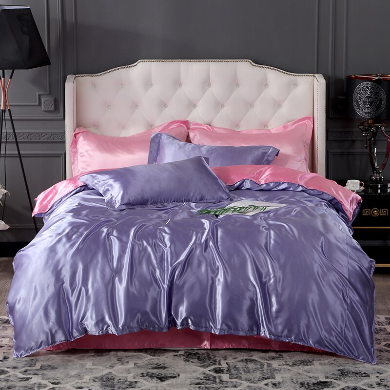 Siden satintryckta platta lakan set lakan överdrag med påslakan och örngott 4 st set lakan komplett set drap de lit: Lila-rosa / 230 cm x 250cm- små