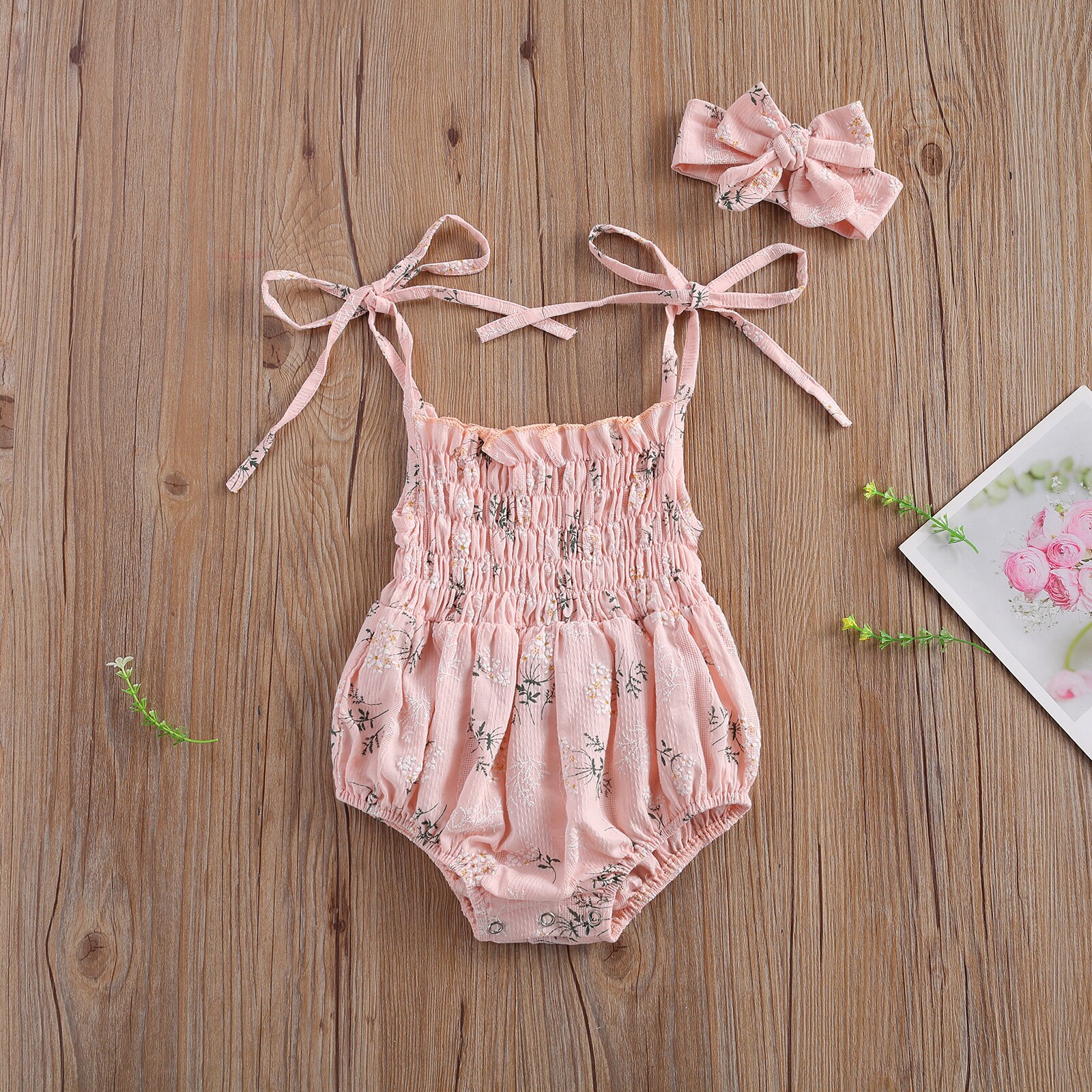 0-18M Leuke Baby Baby Girl Bloemen Romper Zomer Bandjes Bandage Bloemenprint Geplooide Playsuit + Hoofdband 2 Stuks Outfits