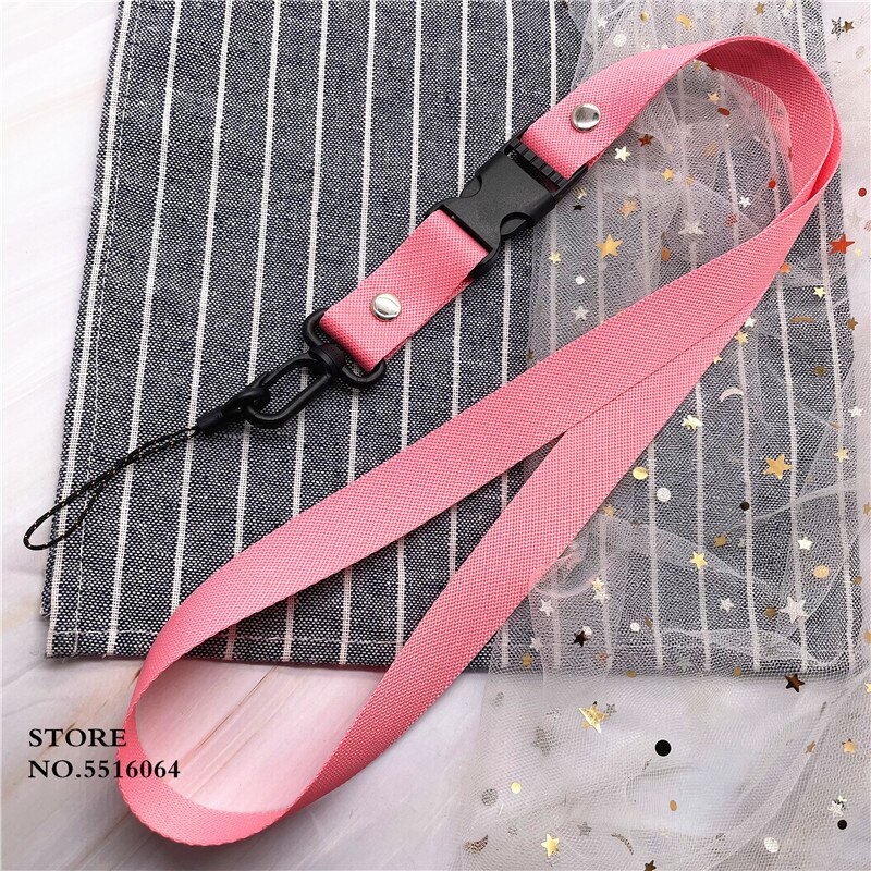 Lanière de couleur unie pour porte-clé USB, porte-carte d&#39;identité, Badge de nom, sangles de téléphone portable, métal noir, cordon à Clip en plastique: pink