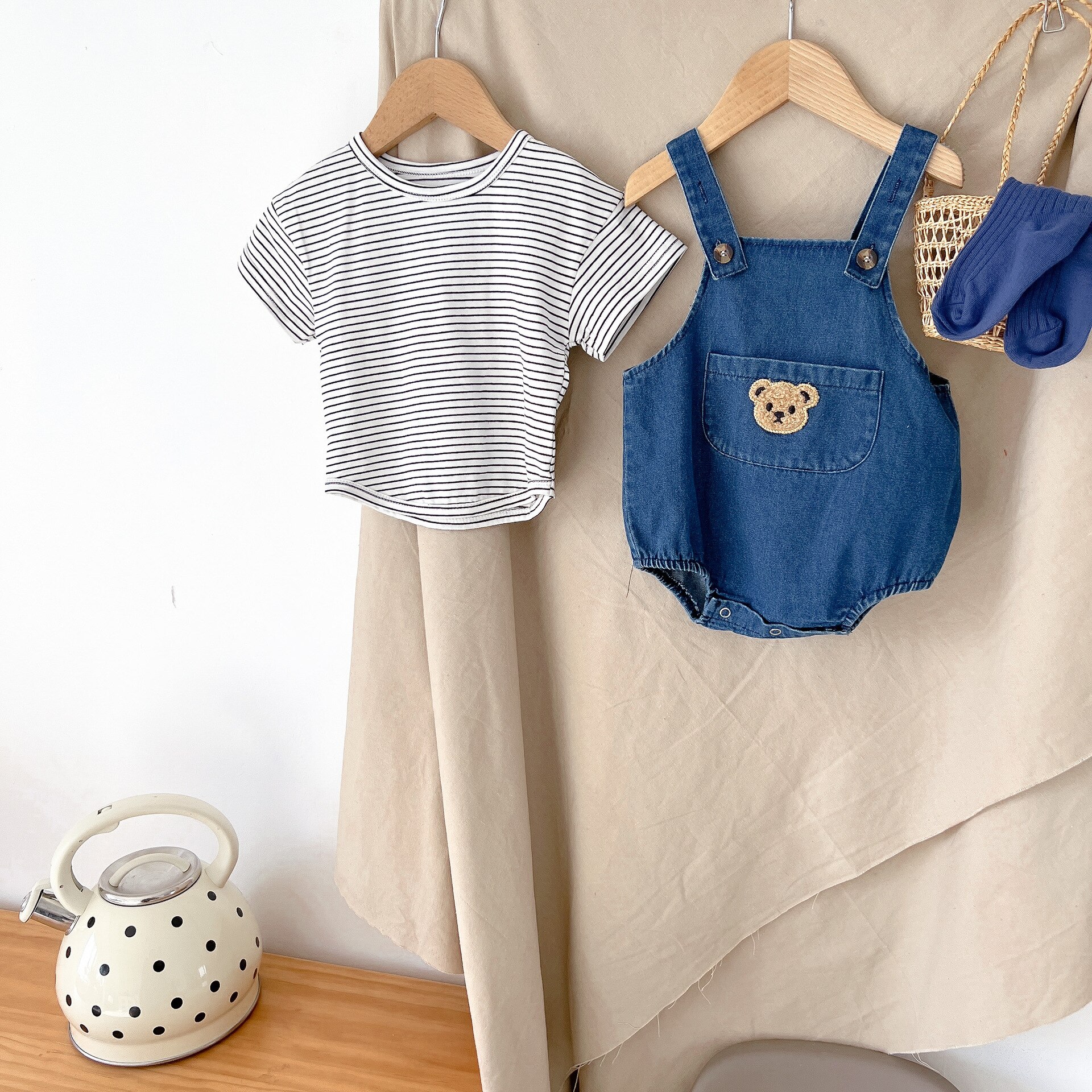 1225B Babykleertjes Beer Cowboy Riem Broek Lente Zomer 2022 Koreaanse Baby Boy Gestreepte Korte Mouw T-shirt Of Riem romper