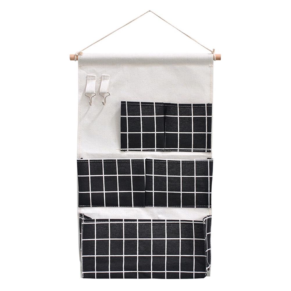 5 Pockets Cotton Linen Fabric Wall Door Hanging Bag Organizer Storage Pouches Wardrobe Closet Storage Bag Sundries Pouches: Black grid