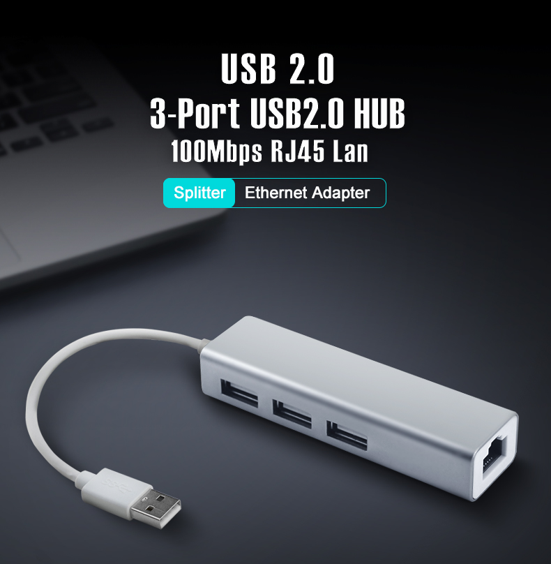 USB hub 2.0 3 ports to RJ45 10/100Mbps Lan Network USB Ethernet Adapter Splitter for Laptop Computer Mac iOS Android