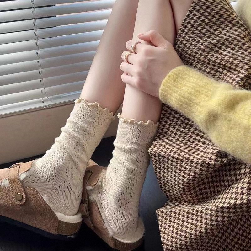 1Pair Women Thin Hollow Out Long Loose Socks JK Lolita Sweet Girls Japanese Solid Color Breathable Cotton Spring Summer Stocking: Gold