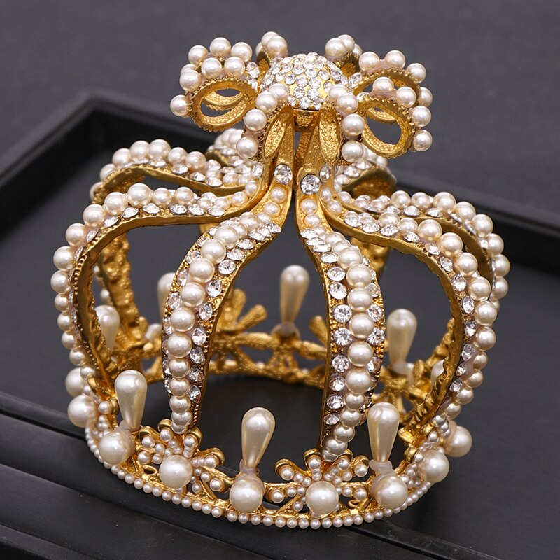 Coroa de noiva, endereço de cabeça de noiva com cristal barroco coroa de pérolas dourada coroa redonda queen tiara festa de aniversário acessórios de casamento