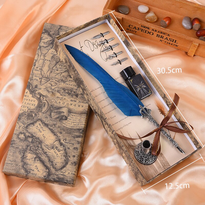 1Set Vintage Kalligrafie Veer Dip Schrijven Pen Inkt Set Briefpapier Box Met 5 Nib Festival Quill Fontein pen: sky blue