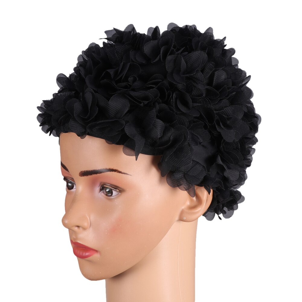 3D Flower Petals Shaped Swim Cap Swimming Hat Adults Bathing Cap Black: Black
