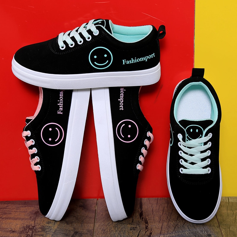 Women Canvas Shoes Summer/Autumn Flats Women Canvas Shoes Classic Lace Up Smiley Face Walking Women Sneakers