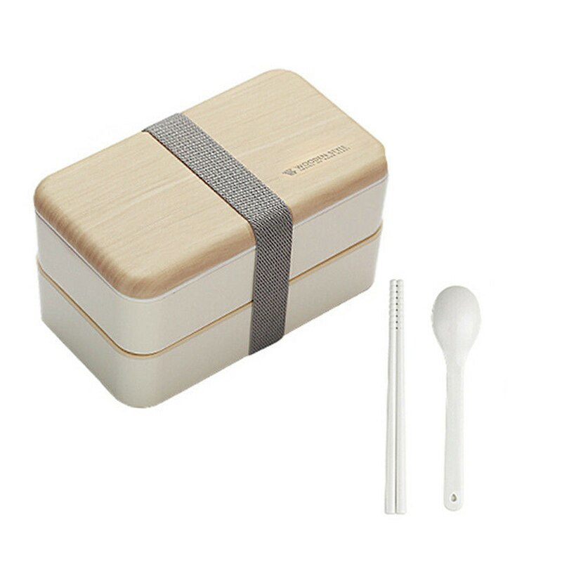 Microwave Double Layer Lunch Box Wooden Sensation Salad Bento Box BPA Free Portable Container Student Worker Box: White